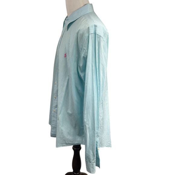 Ralph Lauren Custom Fit Men XXL Long Sleeve Button Down Teal Stripes Pink Pony - Picture 5 of 10